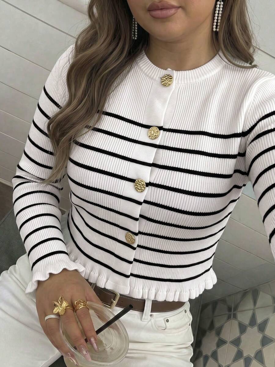 Women's Autumn/Winter New Multi-Color Striped Knit Cardigan, Ruffle Hem And Cuffs, Suitable For Workplace Commute, Office Wear, Business Professional Social Occasions Blouse Top