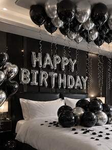 44pcs Birthday Balloon Set, 16inch Silver Alphabet Balloons, 18inch Black & Silver Heart Balloons, Suitable For Birthday Party Decoration - Multicolor - View 3