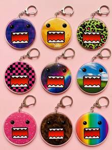 1Pc/9Pcs Domo-Kun Classic Anime Character Theme Multi-Color Textured Round Acrylic Keychains, Including Blue Pixel, Yellow Abstract, Green Leopard Print, Pink Checkerboard, Galaxy Starry Sky, Classic Landscape, Pink Glitter, Brown Fuzzy And Rainbow Gradient Designs, Fashionable Bag Charms, Suitable For Fan Gifts, Cute Collectibles, All Seasons - Multicolor - View 5