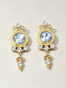 Vintage Gold Color Scroll Filigree Dangle Earrings For Women Blue Crystal Statement Drop Ear Hook Retro Rhinestone Earrings Wedding Party Jewelry Gift - Earrings - View 5