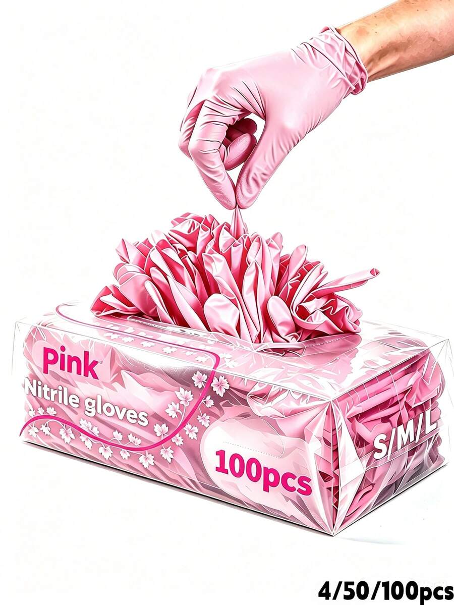 100pcs Light Pink Powder-Free Nitrile Gloves, Latex-Free, Disposable Protective Gloves, Beauty Nail Art Tools, Durable Household Cleaning Gloves, Suitable For Hair Dyeing, Tattooing, Machine Maintenance And Cleaning, Multi-Purpose Hand Protection, Kitchen Essential (Bagged) 4/50/100Pcs