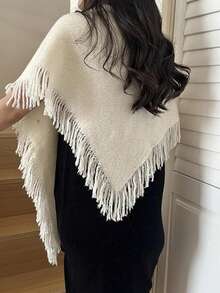 1pc Light Beige Triangle Shawl Scarf, Women's Knitted Tassel Shawl, Soft And Comfortable Women's Shoulder Wrap - Beige - View 3