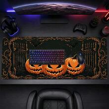1pc Halloween Jack-O'-Lantern And Gothic Castle Print Extended Mouse Pad, Black Orange Bat Vintage Pattern Keyboard Desk Mat, Dark Desktop Decor - View 3