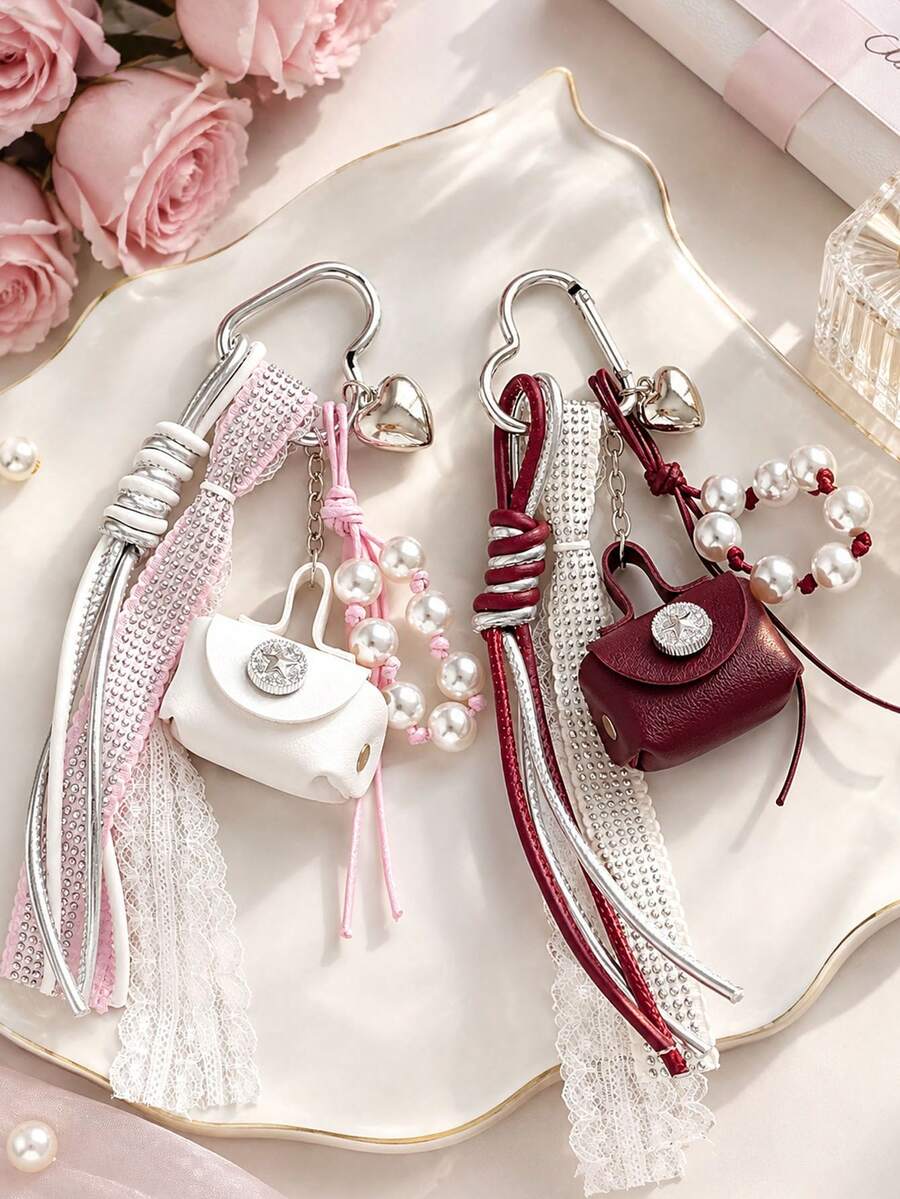 1pc,Y2K Pearl Bow Bag Charm, Rhinestone Tassel Heart Keychain, Mini Purse Pendant, Coquette Aesthetic Handbag Accessory, Cute Gift For Women
