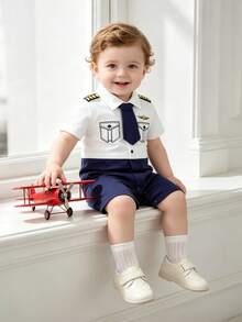 1pc Infant Pilot Jumpsuit, Baby Boy Short Sleeve Jumpsuit, Lightweight Spring/Summer Outfit, Suitable For Birthday/Holiday Gift - Multicolor - View 3