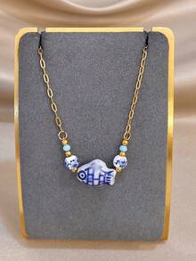 1Pc Hand-Painted Blue And White Ceramic Fish Bracelet, Gold Stainless Steel Chain, Boho Vacation Jewelry,Daily/Party,Christmas Birthday Gift/Halloween - Multicolor - View 3