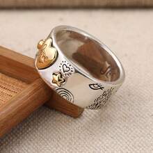 Vintage Handmade Women's Ring, Letter Design Ring, Sun Moon Star Nature Style Jewelry Accessory - Silver - View 3