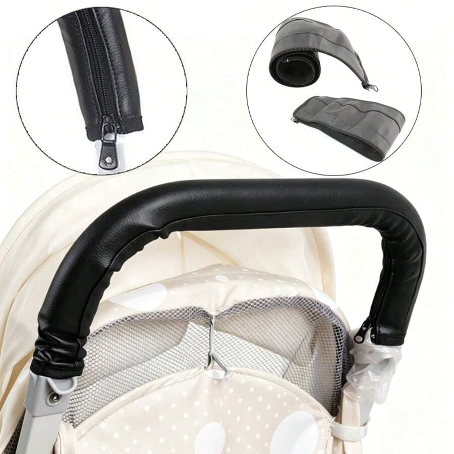 1pc Universal Stroller Handlebar Protective Cover PU Leather Removable Washable Zipper Stroller Handle Cover Accessory - Black - View 1