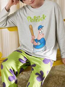 Gongdie SpongeBob SquarePants 2 Pieces SpongeBob Patrick Men's Pajama Set,Fall Gray Soft Cotton Loungewear With Pocket - Light Grey - View 5