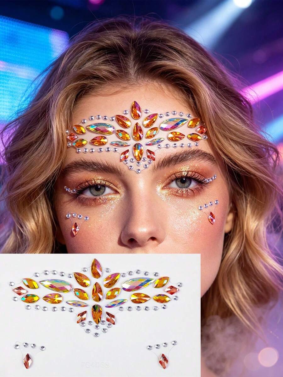 5/3/2/1pcs Y2K Gold Orange Iridescent Crystal Face Rhinestone Stickers, Self-Adhesive AB Color Crystal Face Decals, Suitable For Halloween, EDM Party, Music Festival Makeup Decoration - Multicolor - View 1