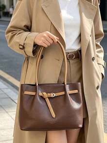 Tote Bag Mother-Daughter Bag Set, Decorated With Contrast Color Leather Belt Buckle, Dual Long Shoulder Straps For Shoulder Carry. Ample Capacity To Store Various Personal Items, Minimalist Commuter Style Suitable For Daily Outings, Easily Enhancing Overall Outfit Style - Coffee Brown - View 5