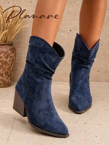 Women's Fashion Blue Suede Ruched Mid-Calf Boots, Slip-On Pointed Toe Chunky Heel Western Riding Boots, Autumn Wrinkled High Heel Long Boots, Slouchy - Blue - View 2
