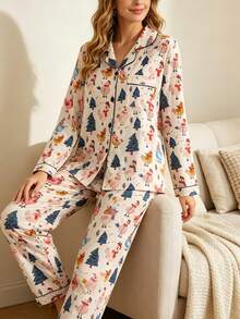 2pcs Women's Long Sleeve Pajama Set, Christmas Cartoon Chicken Family Pattern, Gift 2-Piece Set, Lapel Button Long Sleeve, Loose Elastic Long Pants, Suitable For All Seasons, Home Wear, Outdoor Wear, Comfortable And Loose, New Full Print Pattern - Apricot - View 7