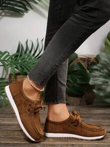 1 Pair Women's Brown Lace-Up Casual Sports Shoes Soft Sole Non-Slip Loafers Comfortable Versatile - Brown - View 1