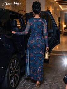 NEW IDEA Women's Elegant Blue Fall Winter Maxi Dress, Long Sleeve Round Neck Ruched Slit Evening Gown For Night Out, Party, Formal Dinner, Going Out - Blue - View 2