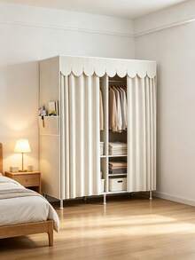 Off-White Striped Simple Fabric Wardrobe, Compatible With Plastic Hangers, Side Mesh Pocket, Metal Frame With Foot Pads, For Bedroom Clothes Storage, Dustproof & Bedroom Organization - Multicolor - View 5