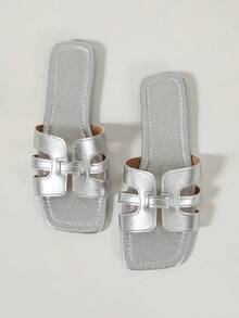 Ximi Ruo Women's Spring/Summer New Fashion Casual One-Strap Slide Sandals, Comfortable Flat Low-Heel Round Toe Minimalist Outdoor Beach Slippers, Versatile Decorative Flat Slides For Summer - Silver - View 2