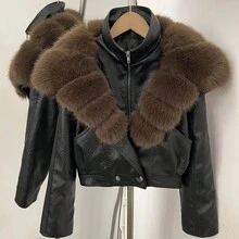 OFTBUY Women's Faux Fur Collar Short PU Leather Biker Jacket, Back Tie Waist Design Motorcycle Short Coat - Black + Coffee - View 4
