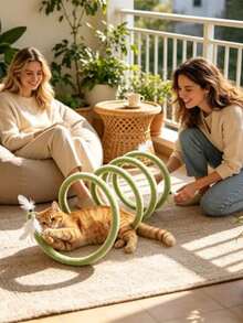 Flexible Cat Tunnel Toy With Feather Bell, Foldable Plush Cat Play Ring Tube, Interactive Kitten Chase Game Toy, Soft Indoor Pet Tunnel For Cats, Detachable Cat Teaser Wand, Stress Relief Cat Entertainment Toy, Home Pet Supplies - View 1