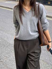 1pc Solid Color Knit Women's Sweater, Loose V-Neck, Gray, Suitable For Office, Home, Daily Wear In Autumn/Winter - Grey - View 1
