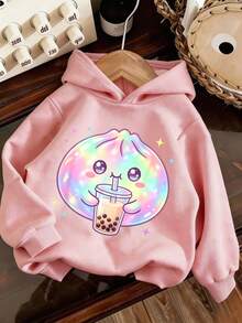 Tween Girl Fun Print Sweatshirt, Warm And Comfortable Thermal Lined Pullover Sweatshirt For Autumn/Winter - Pink - View 2