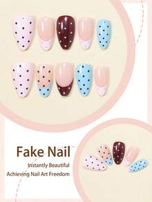 Change Your Nails With It 24片短款杏仁形藍色與棕色漸層法式波點全覆蓋穿戴式假指甲，含1片果凍膠與1片指甲锉，適合所有女性女孩日常佩戴、假期派對，秋冬季節必備美甲 - 彩色 - 查看 3