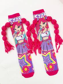 1pair Girls Rock Star Cartoon Print Knee High Socks, DIY 3D Braids Design, Fun Novelty Crazy Socks For Party Costume & Birthday Gift - Hot Pink - View 11