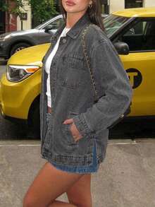 Women's Casual Street Loose Mid-Length Lapel Button Front Denim Jacket - Grey - View 4