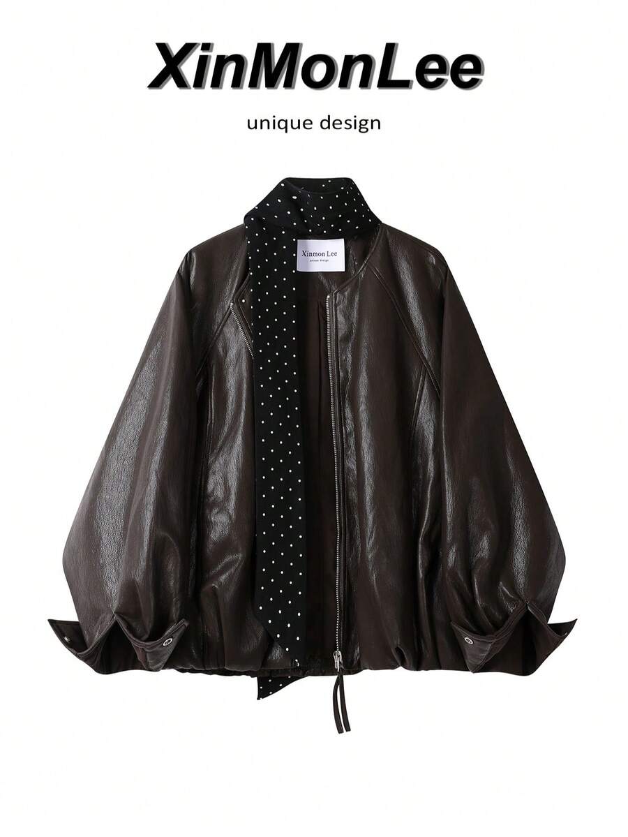 Short Scarf Jacket Vintage Maillard Motorcycle Top Zipper Jacket College Vacation Daily Spring Autumn - Coffee Brown - View 1
