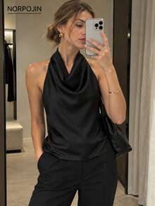 Spring/Summer Solid Color Satin Halter Neck Backless Top Black - Black - View 1