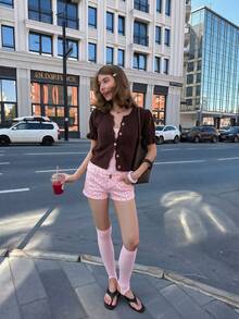 Fall/Winter Brown Short Sleeve Cardigan, Elegant Vintage Fashion Single-Breasted Knit Top - Brown - View 10