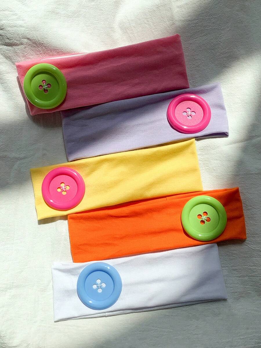 1pc Y2K Sweet Cool Style Colorful Large Button Wide Elastic Headband, Multi-Color Solid Fabric Hair Band, Sweet Cool Girl Street Style Personalized Fashion Versatile Hair Tie - Multicolor - View 1