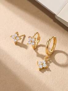 3pcs/Set Women's Lucky Zirconia Earrings Set, Light Luxury Minimalist Hoop & Stud Earrings, European & American Style Layered Earrings - Gold - View 2