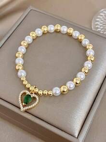 1Pc Gold Plated Heart Pave Gold Bracelet With Reversible Diamond & Polished Finish Y2K Delicate Jewelry For Women,Daily/Party, Christmas Gift,Wedding - Multicolor - View 8