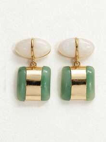 2pcs Women's Earrings, Pink And Green Resin Material, Dual-Color Patchwork Geometric Shape With Metal Rim Design, Fresh Vintage Style, Suitable For Daily Commute Wear - Multicolor - View 3