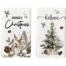 2pcs Christmas Kitchen Towel, Christmas Tree Pinecone Pattern, Kitchen Decoration Handkerchief, Soft, Easy To Clean, And Reusable, A Great Holiday Gift - Black - View 1