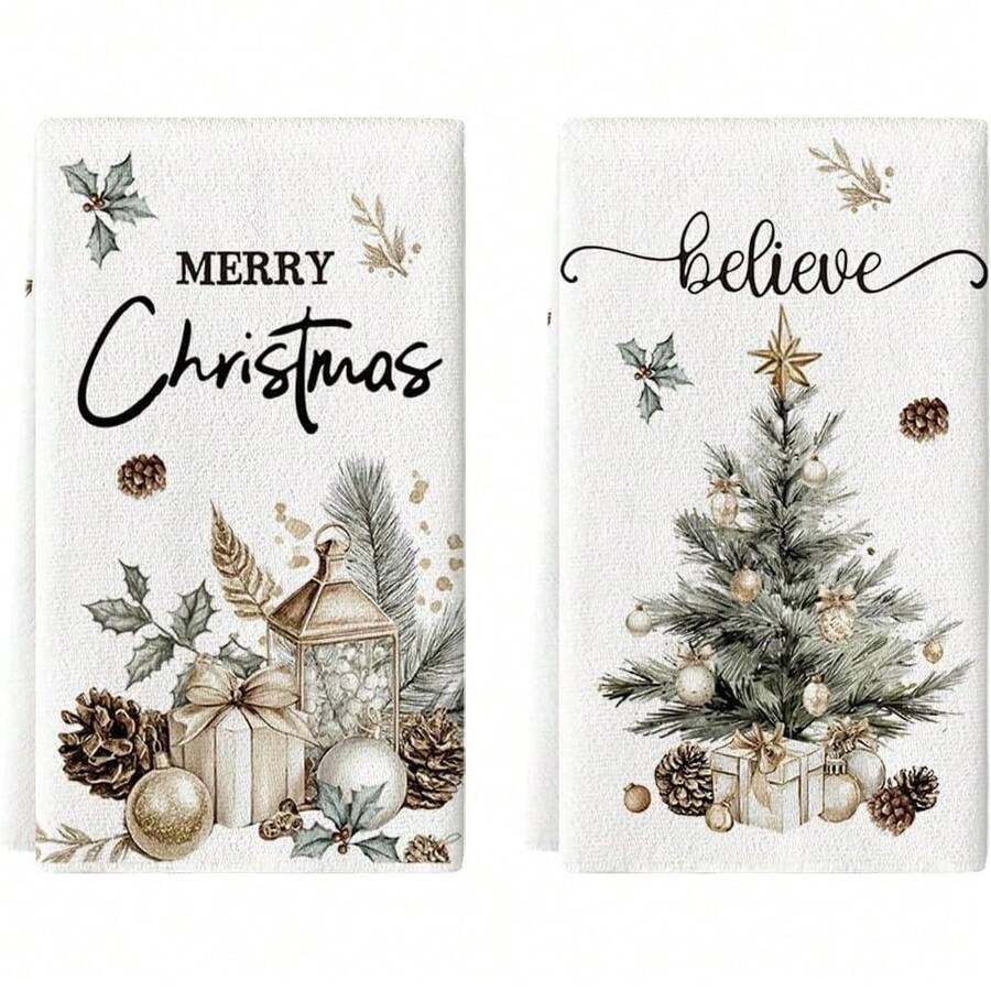 2pcs Christmas Kitchen Towel, Christmas Tree Pinecone Pattern, Kitchen Decoration Handkerchief, Soft, Easy To Clean, And Reusable, A Great Holiday Gift - Black - View 1