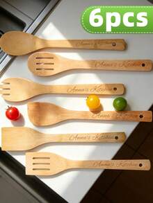 Personalized 6pcs Bamboo Kitchen Utensil Set, Simple Cooking Tools, Stir-Fry Spatula, Cookware, Easy To Clean Multi-Functional - Creative Gift For Wedding, Outdoor, Birthday Party, Anniversary, Housewarming, Suitable As Practical Gift For Partner, Friends, Parents - Light Bamboo - View 6