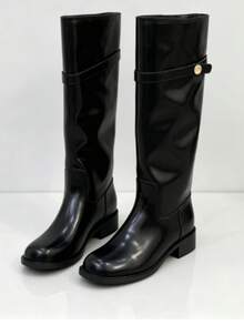 Cool Chic Multi-Buckle Decor High-Top Women's Boots Square Toe Ruched Fabric Shaft Casual Long Boots - Black - View 1