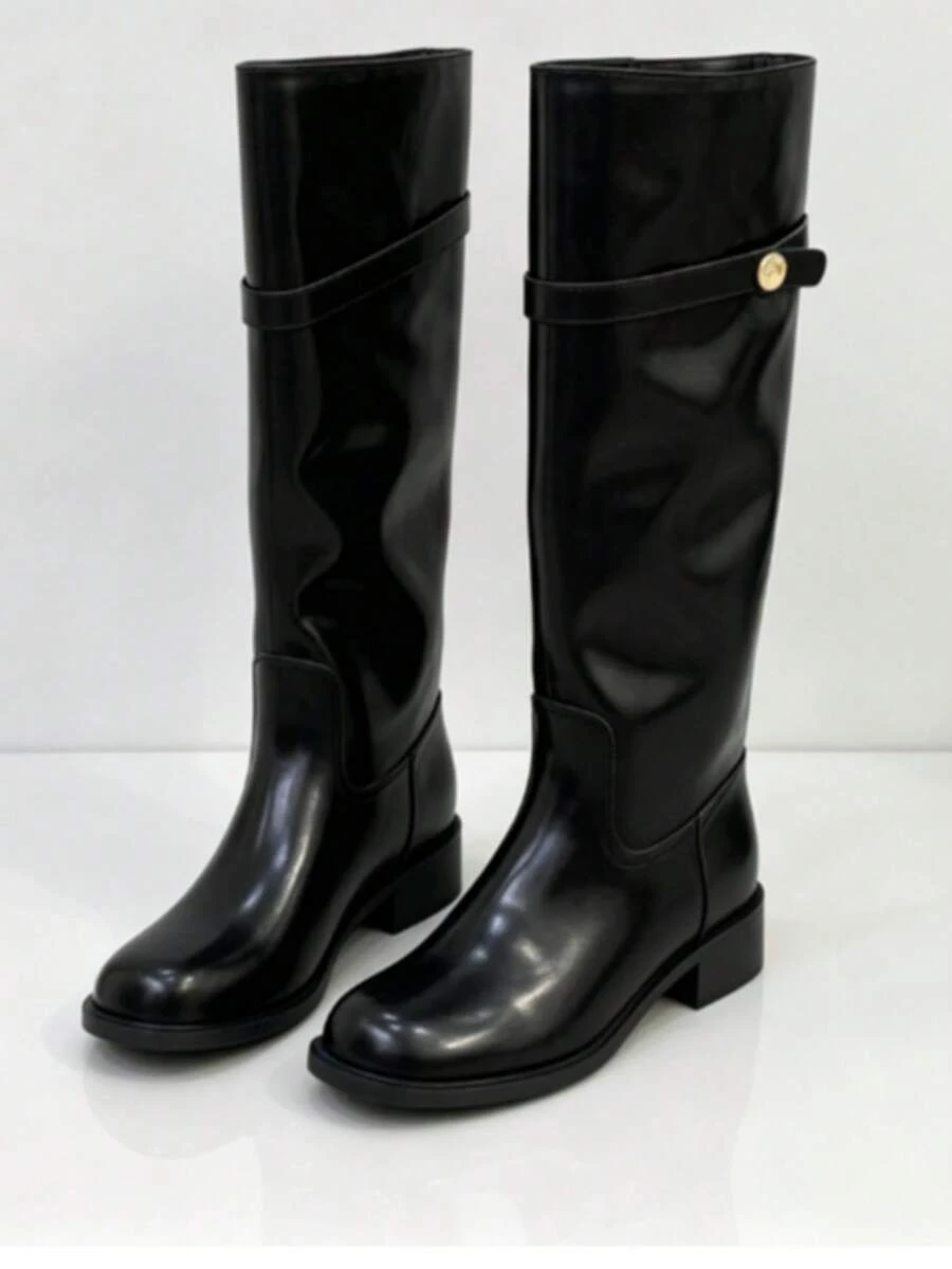 Cool Chic Multi-Buckle Decor High-Top Women's Boots Square Toe Ruched Fabric Shaft Casual Long Boots - Black - View 1
