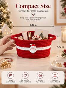 1pc Christmas Santa Rope Storage Basket For Home, Red & White Woven Organizer With Cute Santa Embroidery, Decorative Storage Bin With Handles For Bedroom, Kids Room, Living Room & Holiday Decor - Multicolor - View 2