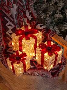 3pcs LED Warm Light With Red Bow Gift Box, Lighting Gift Box - LED Lighting Holiday Desktop Decoration, Birthday Gift Packaging, Valentine's Day Gift - Multicolor - View 7