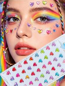 10pcs/5pcs/2pcs/1pc Holographic Laser Heart Large Face Sticker Set (Includes 1pc Tweezers), Rainbow 3D Heart Rhinestone Stickers, Music Festival Party Stage Eye Cheek Nail Self-Adhesive Decorative Stickers, Halloween Costume - Multicolor - View 1