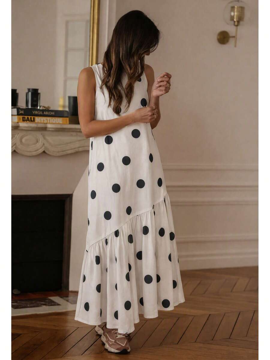 Plus Size Women's Round Neck Polka Dot Print Long Dress Vacation Elegant Summer - Apricot - View 1