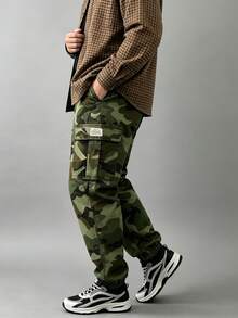 Men's Plus Size Camouflage Cargo Pants, Autumn/Winter, Tapered Leg, Elastic Waistband, For Tall Men - Green - View 9
