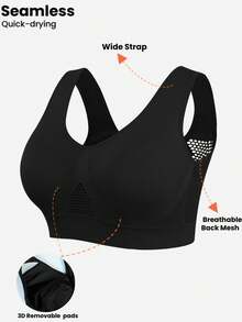 Plus Size 3pcs/Pack Seamless Sports Bra, Fall Winter Quick-Drying Active Top, Yoga Fitness Cycling & Daily Lounge Underwear - Black - View 5