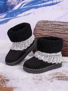 Boys And Girls High-Top Fleece-Lined Ankle Boots; Children's Warm Snow Boots; Soft Sole Non-Slip Fashionable Short Boots - Black - View 5