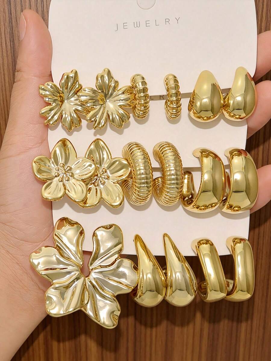 6/18pcs Gold Flower Earrings Set, Textured Water Drop C-Shaped Hoop Earrings, Metallic Mixed Layering Style, Women's Daily Party Fashion Jewelry Gift - Gold - View 1
