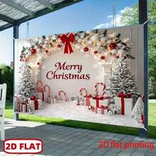 1 buah Banner Selamat Natal dengan Huruf Elegan dan Pita Merah, Latar Belakang Negeri Ajaib Musim Dingin Putih dan Emas dengan Pohon Bersalju, Karangan Bunga, dan Kotak Hadiah - A - View 4