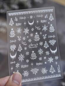 1Sheet Self-Adhesive Winter Christmas Nail Stickers, White Snowflake Xmas Tree Crescent Moon Lace Pattern Nail Decals, Xmas DIY Nail Supplies - White - View 6